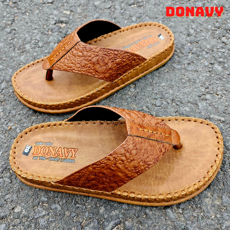 -  Dép Kẹp Nam Da Bò Thật 100% Donavy Cao Cấp, May 02 Lần Full Handmade Quai + Đế  D.KBXIT