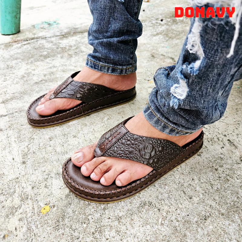 -  Dép Kẹp Nam Da Bò Thật 100% Donavy Cao Cấp, May 02 Lần Full Handmade Quai + Đế  D.KBXIT