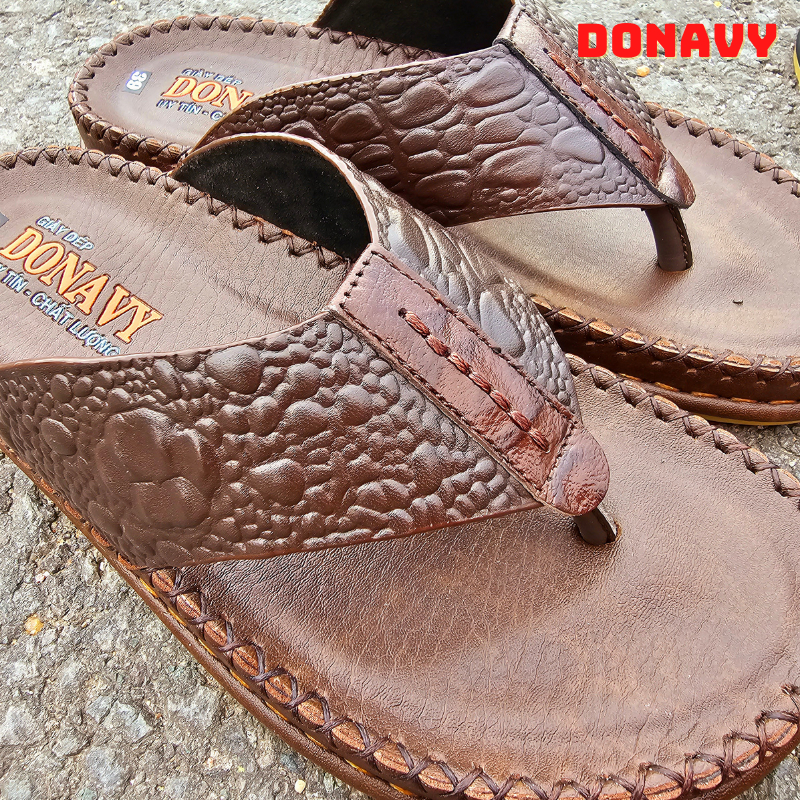 -  Dép Kẹp Nam Da Bò Thật 100% Donavy Cao Cấp, May 02 Lần Full Handmade Quai + Đế  D.KBXIT