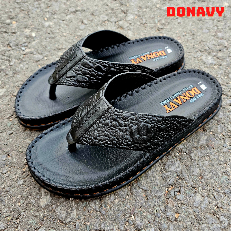 -  Dép Kẹp Nam Da Bò Thật 100% Donavy Cao Cấp, May 02 Lần Full Handmade Quai + Đế  D.KBXIT