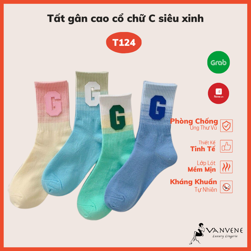 SET 5 đôi tất nam nữ Vanvene, tất cao cổ chữ C Hàn Quốc T124 co giãn phối màu pastel nổi bật
