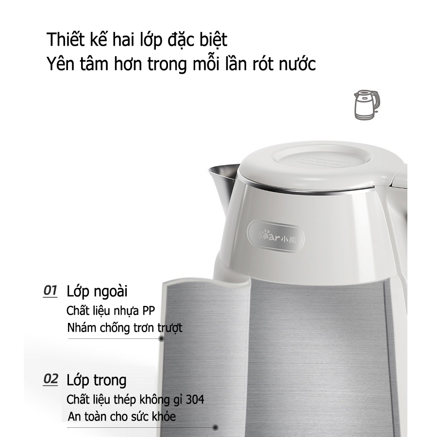 Ấm đun siêu tốc Bear 1.5L công suất lớn 1500W, ấm siêu tốc lõi Inox đun nhanh sôi – Hàng chính hãng bảo hành 6-18 tháng