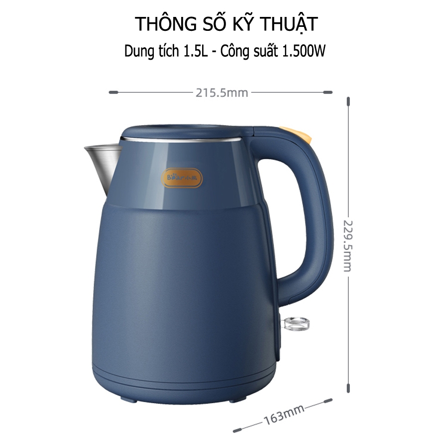 Ấm đun siêu tốc Bear 1.5L công suất lớn 1500W, ấm siêu tốc lõi Inox đun nhanh sôi – Hàng chính hãng bảo hành 6-18 tháng