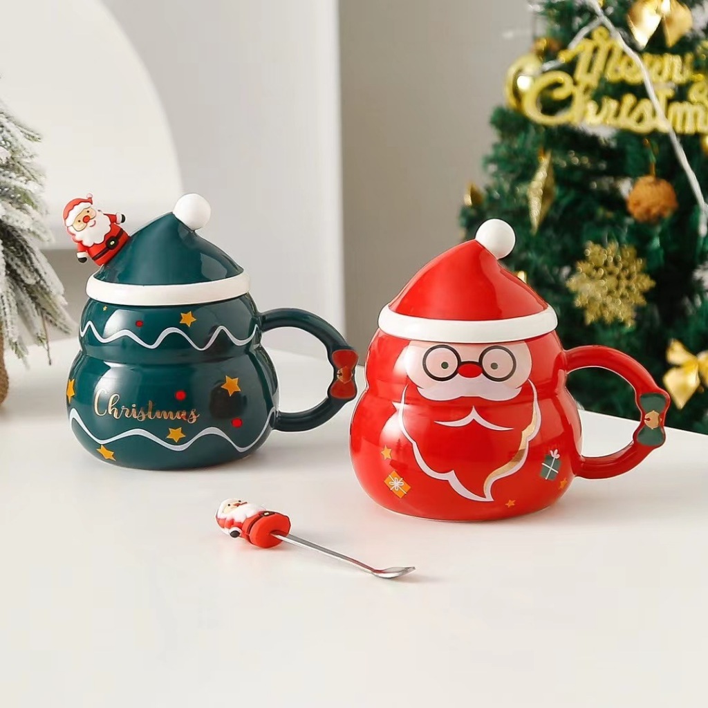 Hàng mới về - Ly sứ giáng sinh nắp hình nón Noel 480ml, Cốc sứ quai nơ người tuyết,ly sứ họa tiết ông già Noel,cây thông