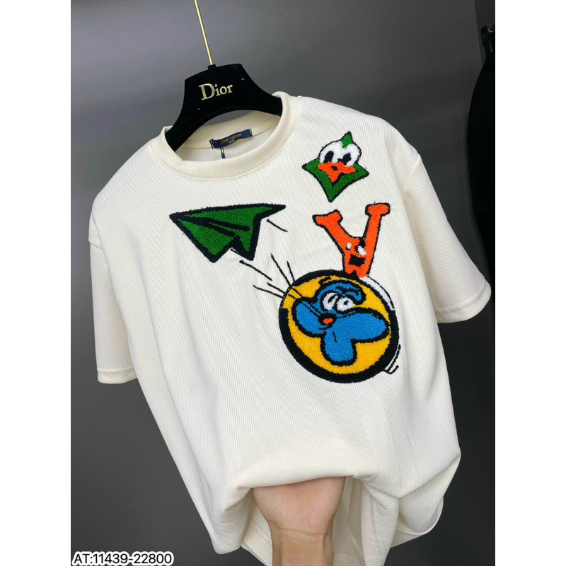 Áo phông len hoạ tiết lv máy bay mặt cười,áo len cộc tay thêu bông lv icon xanh đơn giản