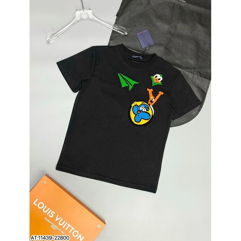 Áo phông len hoạ tiết lv máy bay mặt cười,áo len cộc tay thêu bông lv icon xanh đơn giản