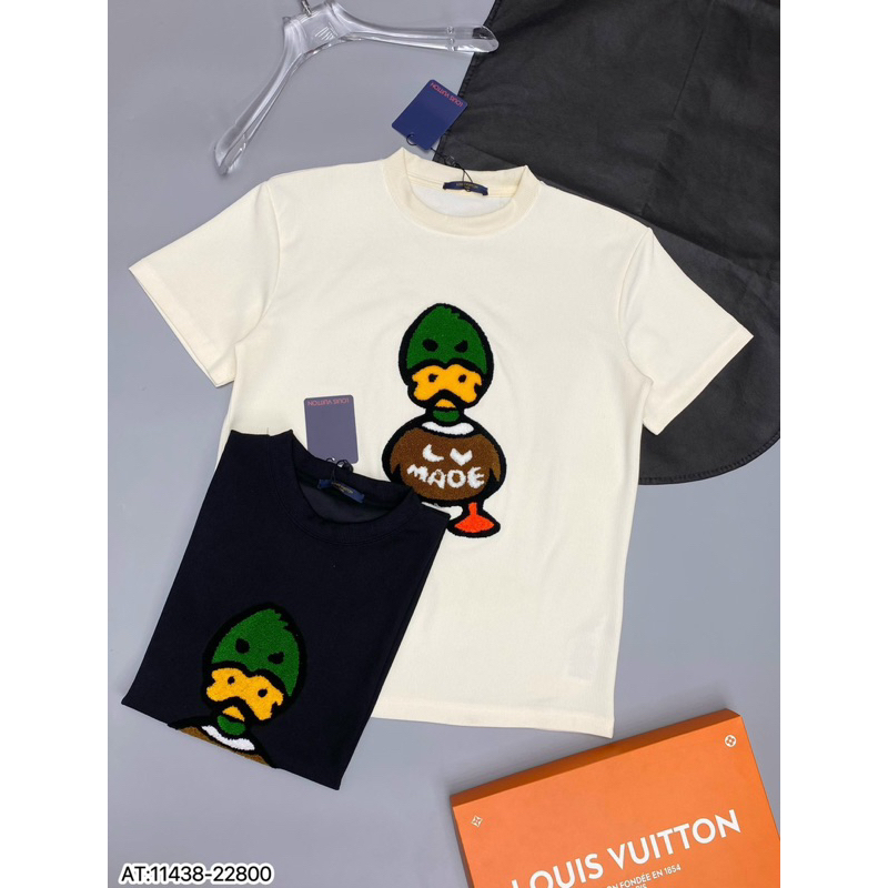 Áo phông len thêu vịt xanh vải len tăm,áo len cộc tay hoạ thêu vịt bông xù đơn giản