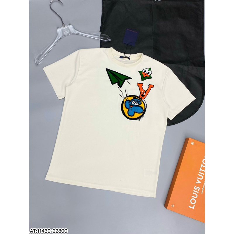 Áo phông len hoạ tiết lv máy bay mặt cười,áo len cộc tay thêu bông lv icon xanh đơn giản