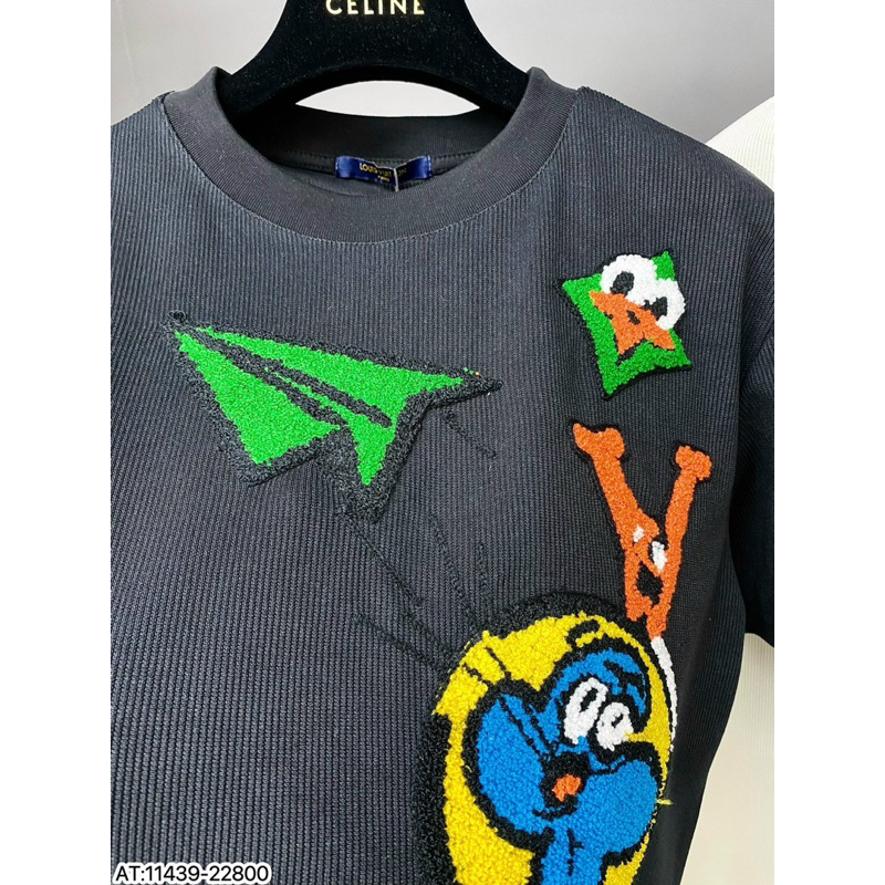 Áo phông len hoạ tiết lv máy bay mặt cười,áo len cộc tay thêu bông lv icon xanh đơn giản