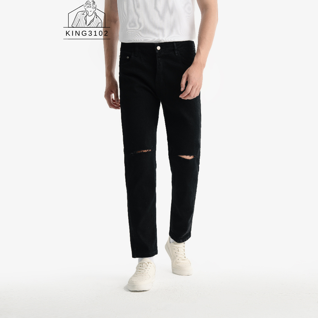 Quần Jean Nam, Quần Bò Jeans Cho Nam Đen Rách Vải Denim Co Giãn Nhẹ, Form Slim - Jean Đen Rách Gối