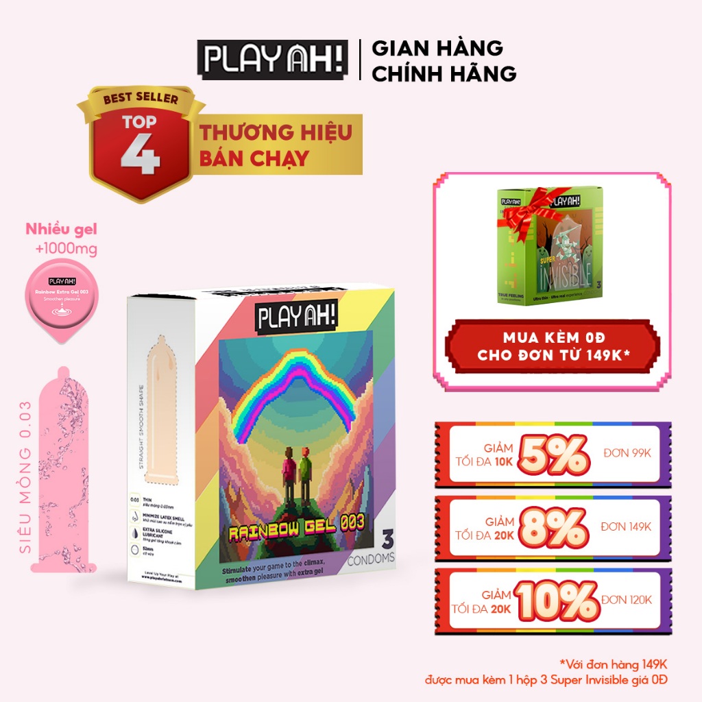Bao Cao Su PlayAh Rainbow Gel 003 Hộp 3/10 Size 52mm siêu mỏng nhiều gel
