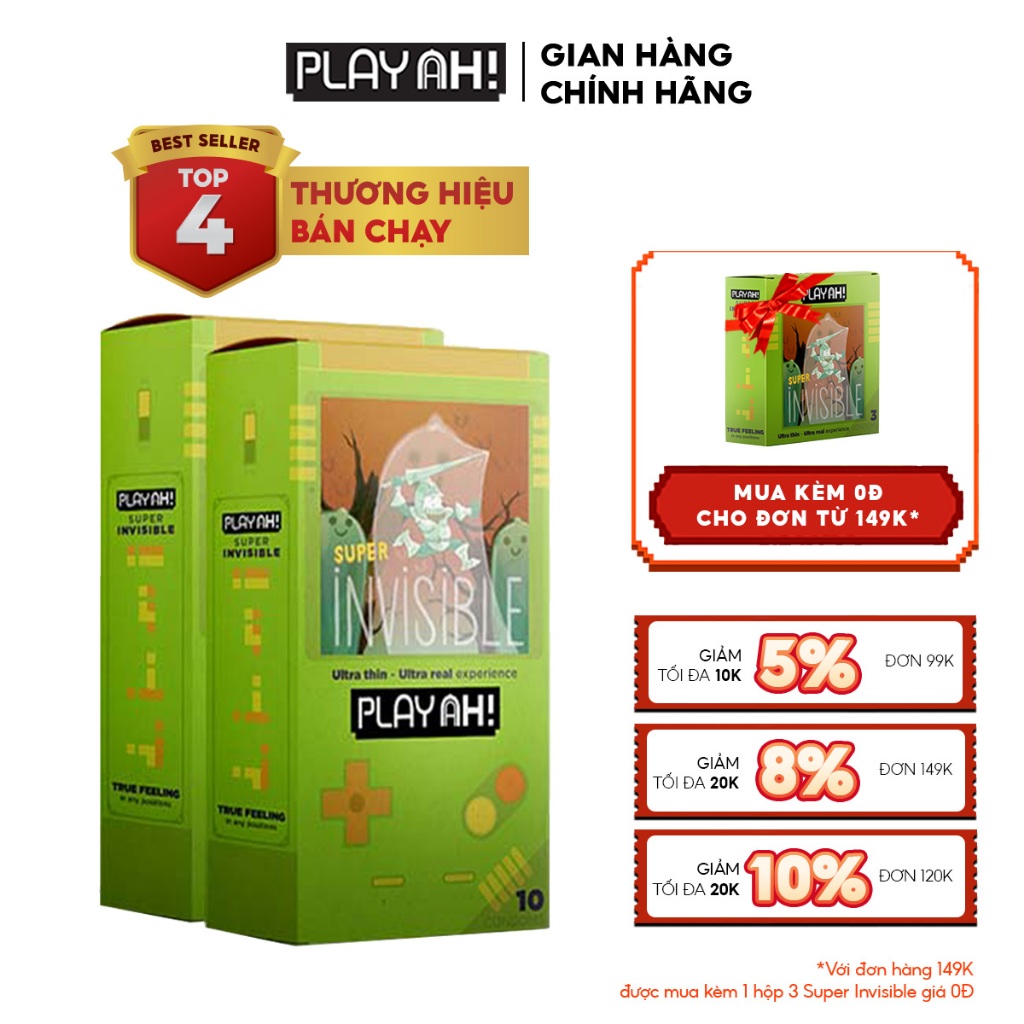 Combo 2 Bao Cao Su PLAYAH Super Invisible Siêu Mỏng 2 Hộp 10 bao size 52mm