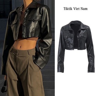 Áo khoác croptop da PU màu đen trơn cổ bẻ túi ngực khuy cài - Tiktik