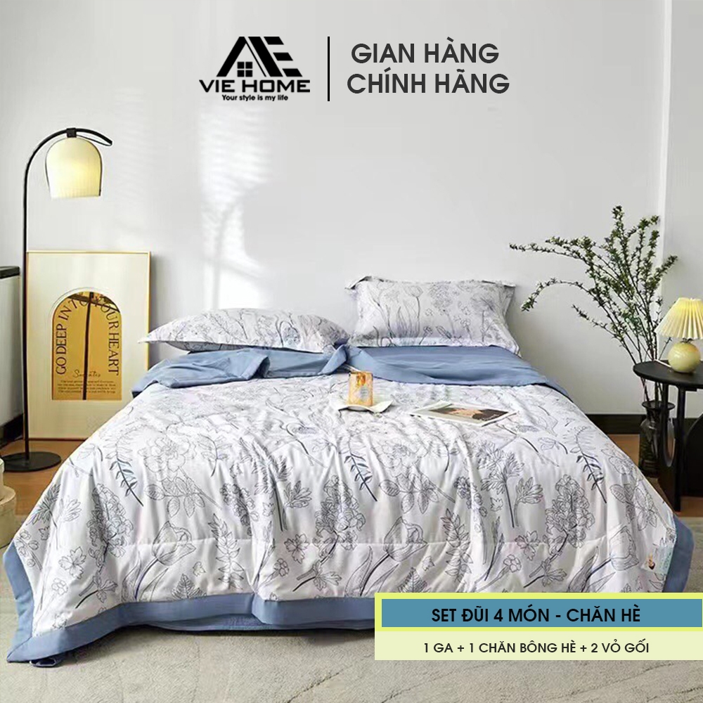 Bộ chăn ga gối Cotton Đũi VIE HOME - Bedding 4 món chăn hè mềm mát nhiều kích thước drap nệm M4.M6,M8