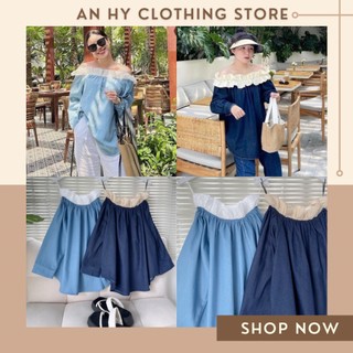 🎏 new in - denini offshouder 💙 ảnh thật áo bẹt vai denim viền bèo