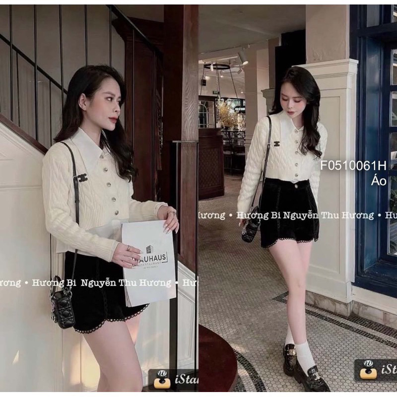 Set áo len thừng croptop thêu chữ x phối cổ sơ mi hót hít A310