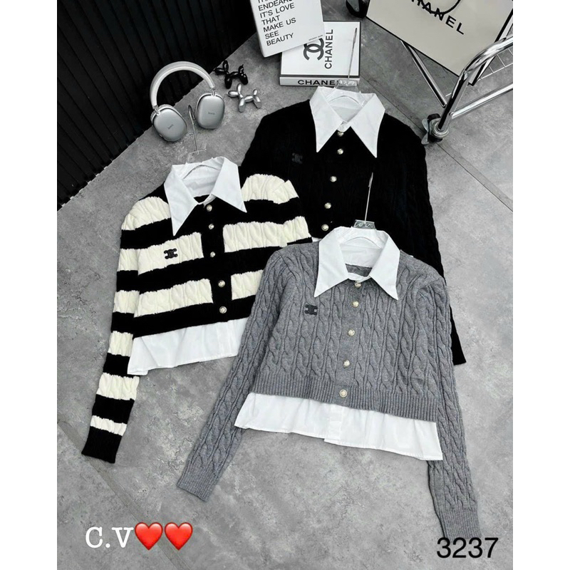 Set áo len thừng croptop thêu chữ x phối cổ sơ mi hót hít A310