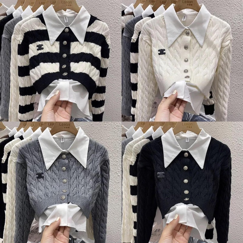 Set áo len thừng croptop thêu chữ x phối cổ sơ mi hót hít A310