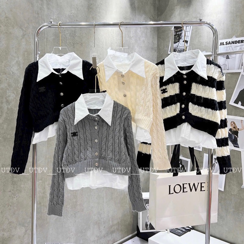 Set áo len thừng croptop thêu chữ x phối cổ sơ mi hót hít A310