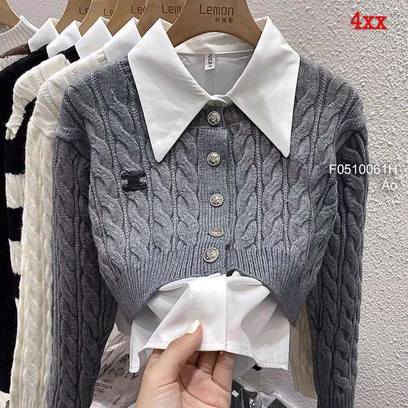 Set áo len thừng croptop thêu chữ x phối cổ sơ mi hót hít A310