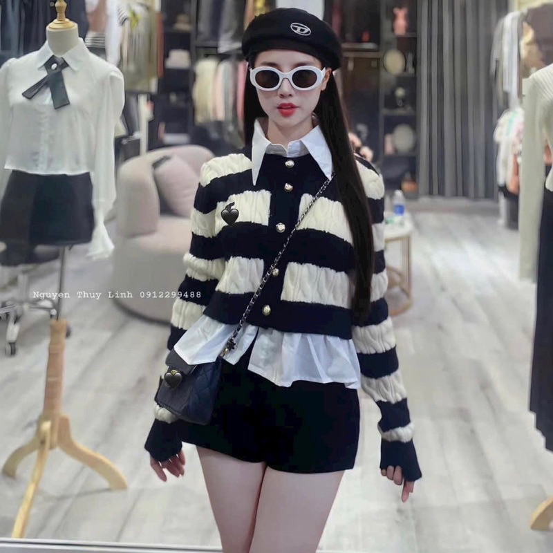 Set áo len thừng croptop thêu chữ x phối cổ sơ mi hót hít A310