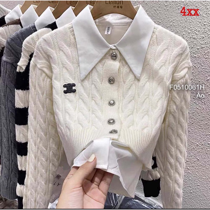 Set áo len thừng croptop thêu chữ x phối cổ sơ mi hót hít A310