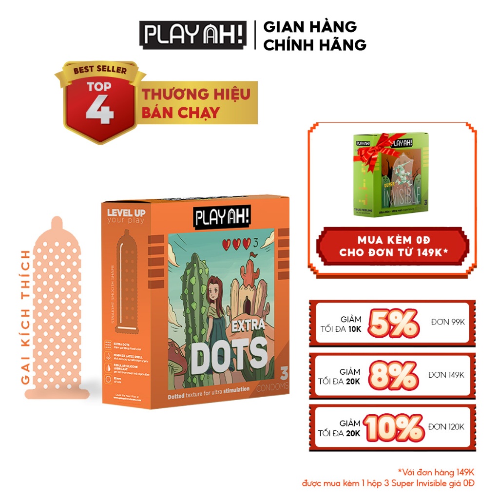 Bao Cao Su PlayAh Extra Dots Thêm Gai Hộp 3/10 52mm