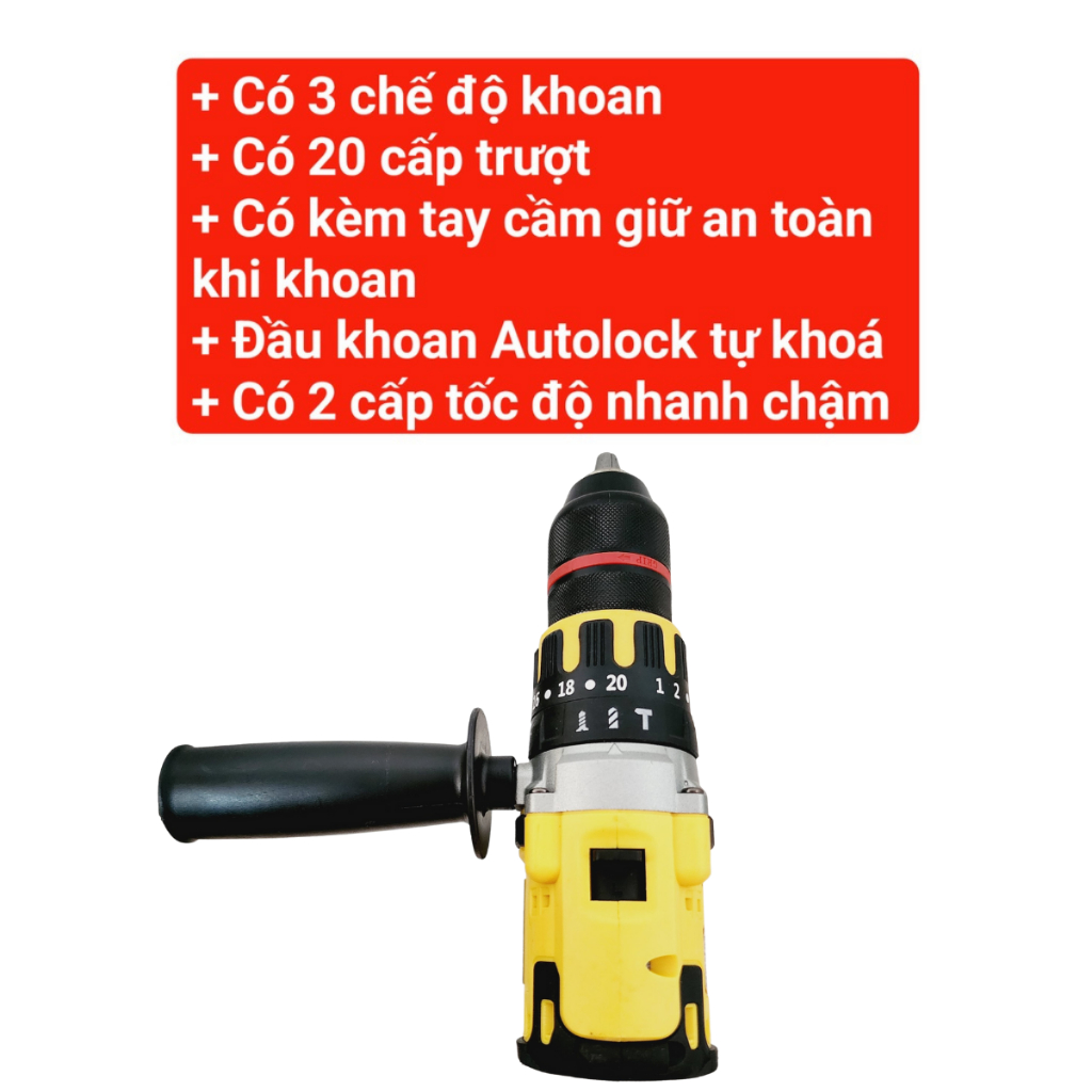 Máy Khoan Pin Dewat 199V không chổi than - đầu kẹp 13mm - Khoan pin 3 chức năng có búa tặng kèm bộ mũi khoan chi tiết
