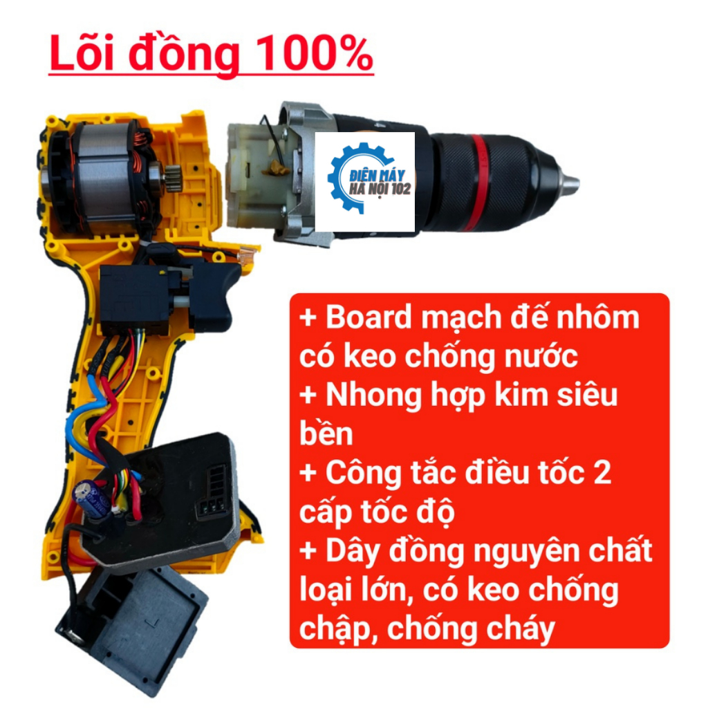 Máy Khoan Pin Dewat 199V không chổi than - đầu kẹp 13mm - Khoan pin 3 chức năng có búa tặng kèm bộ mũi khoan chi tiết