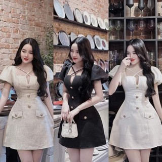 Váy bố dạ dáng xoè cúp ngực dây đan chéo phối cúc sang chảnh xinh đẹp đi chơi đi tiệc M2-114