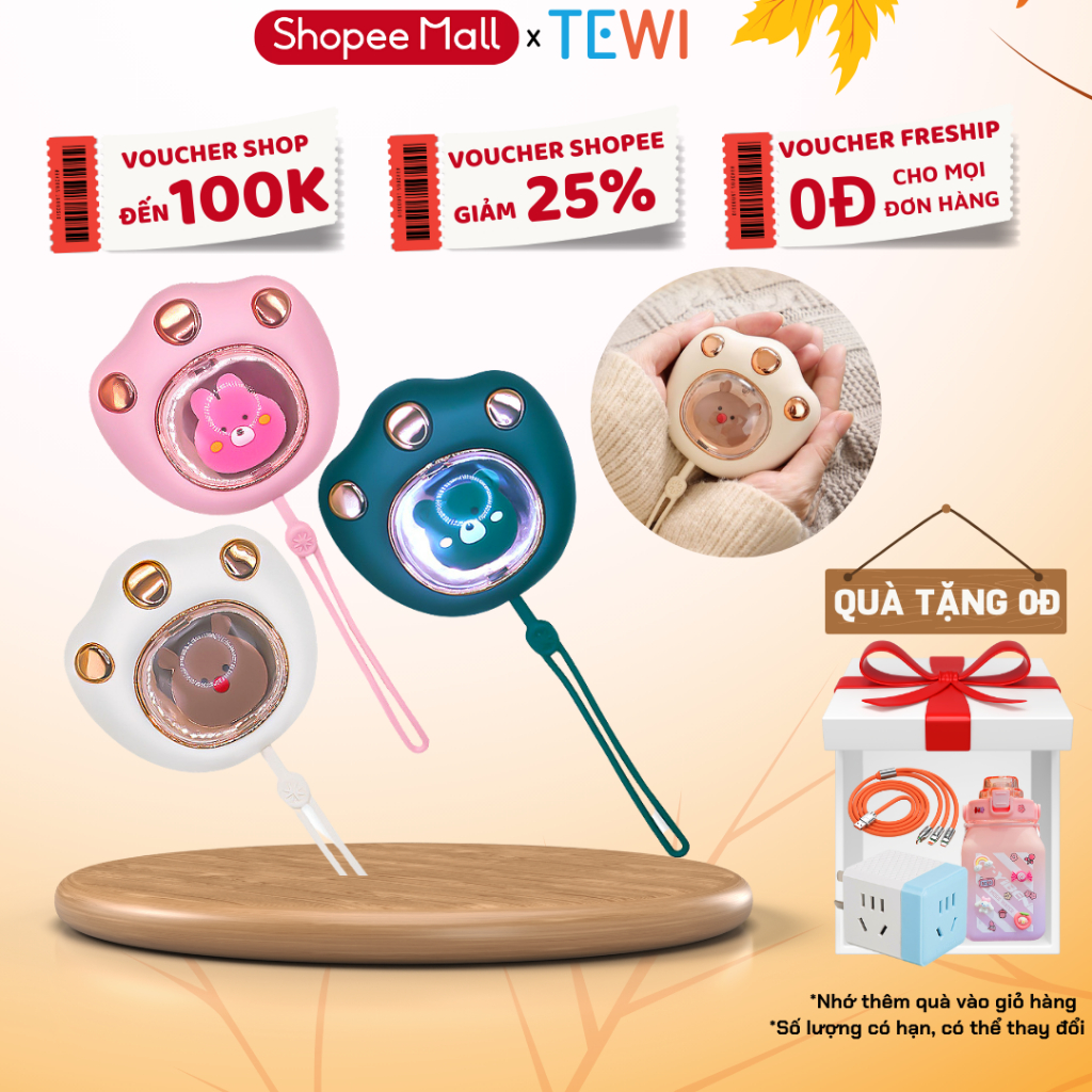 Máy Sưởi Ấm Mini Cầm Tay TEWI Đa Năng Hình Chân Mèo Pin sạc 2400Mah 4 tiếng sử dụng