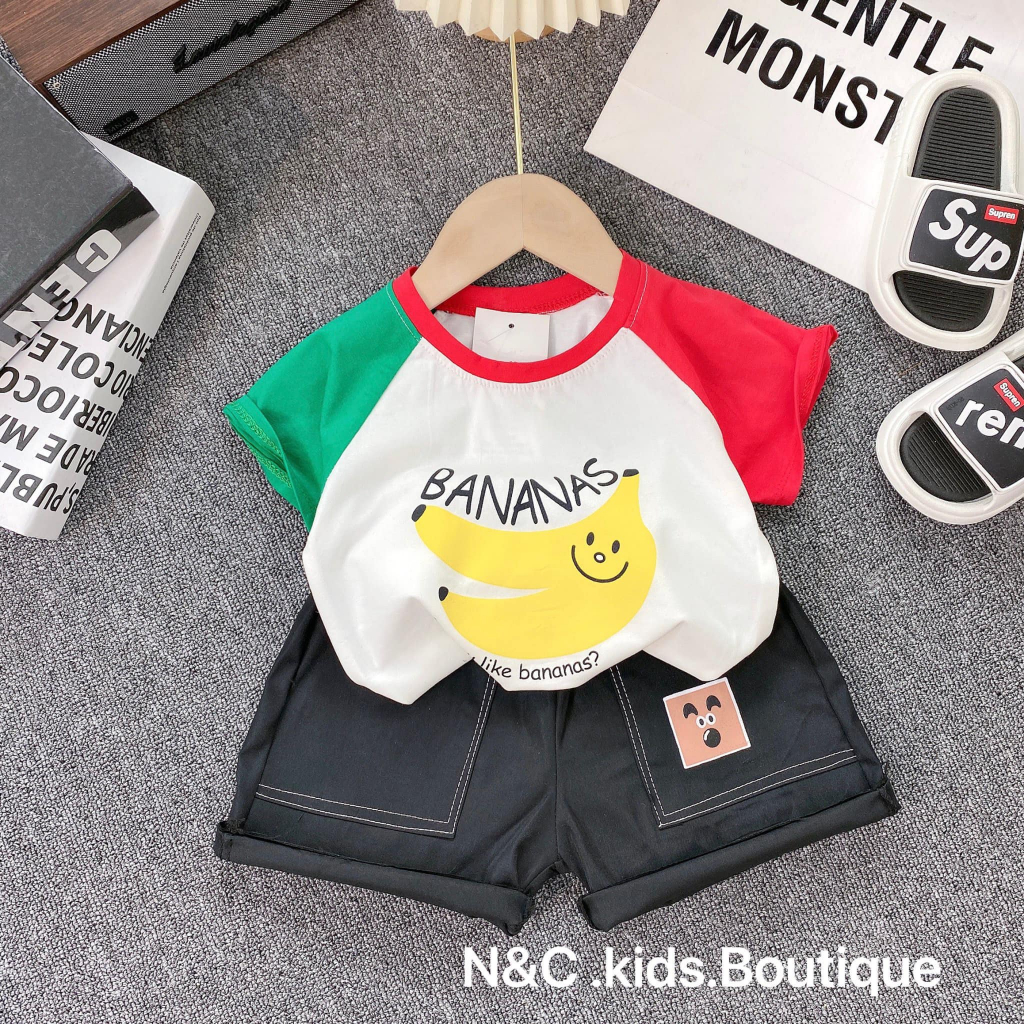 Set bé trai, Set bộ áo thun cotton hình quả chuối quần kaki gió 2 túi đáng yêu cho bé trai SB103
