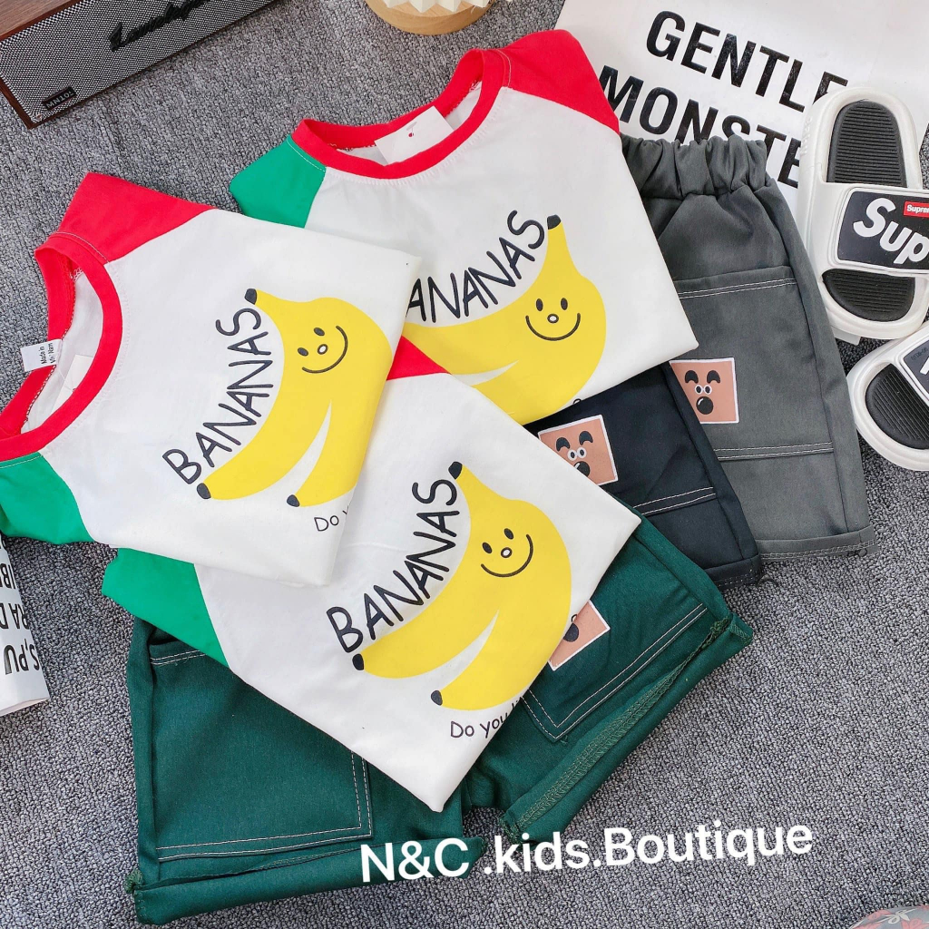Set bé trai, Set bộ áo thun cotton hình quả chuối quần kaki gió 2 túi đáng yêu cho bé trai SB103