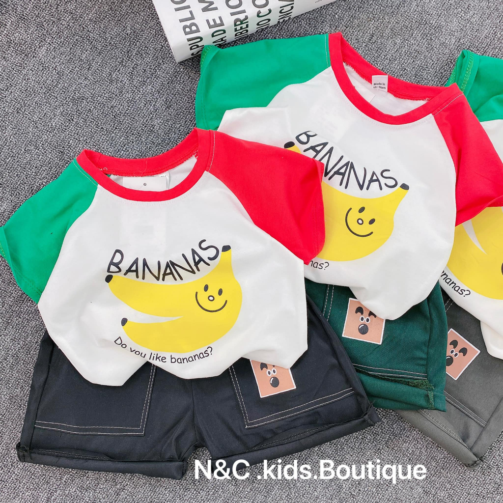 Set bé trai, Set bộ áo thun cotton hình quả chuối quần kaki gió 2 túi đáng yêu cho bé trai SB103