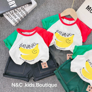 Set bé trai, Set bộ áo thun cotton hình quả chuối quần kaki gió 2 túi đáng yêu cho bé trai SB103