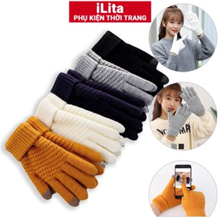 Găng tay len, bao tay len nữ đính charm iLita ngón tay chạm màn hình cảm ứng dày giữ ấm chống nắng Touchscreen Gloves