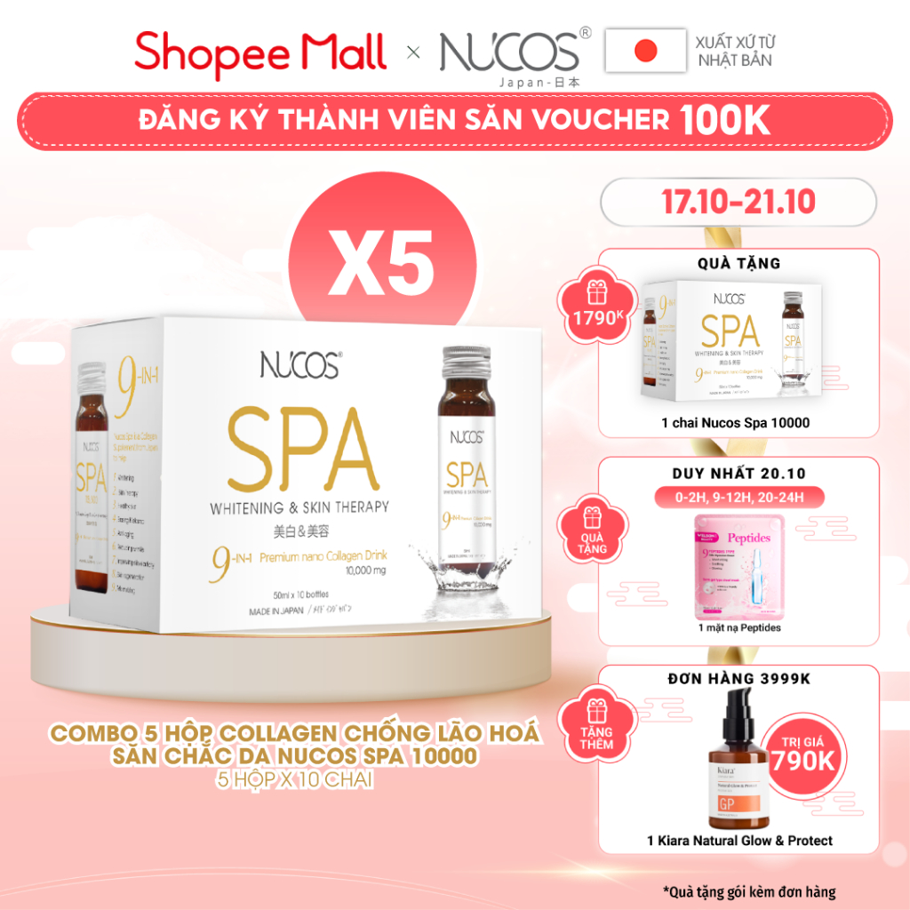 Combo 5 hộp nước uống collagen chống lão hóa trắng da Nucos Spa 10000 50ml x 5 x 10 chai