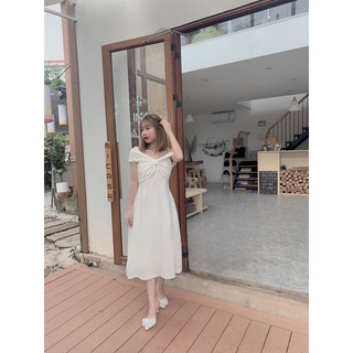 Đầm dự tiệc trễ vai nơ ngực