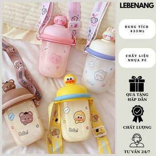 Bình nước cute nắp kín hình thú 435 ml kèm dây đeo tặng kèm LEBENANG
