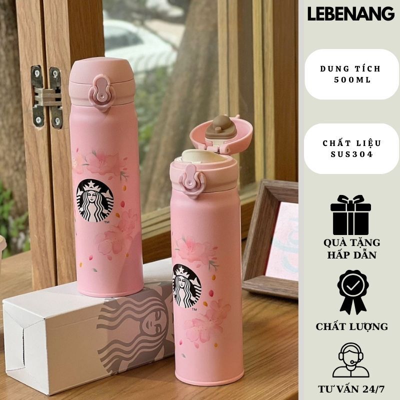 Bình giữ nhiệt Starbucks 500ml hoa anh đào sakura, bình đựng nước inox 304 nắp kín mới nhất Lebenang