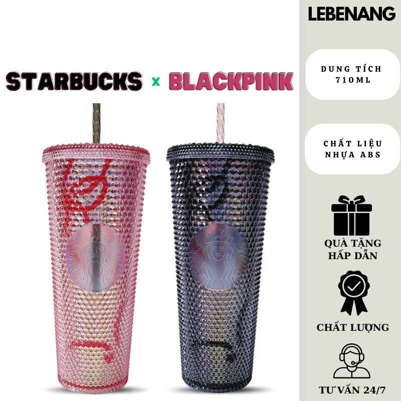 Bình giữ nhiệt Starbucks Blackpink 710ml, ly giữ nhiệt kèm ống hút lấp lánh mẫu hot cùng trào lưu 2023 Lebenang