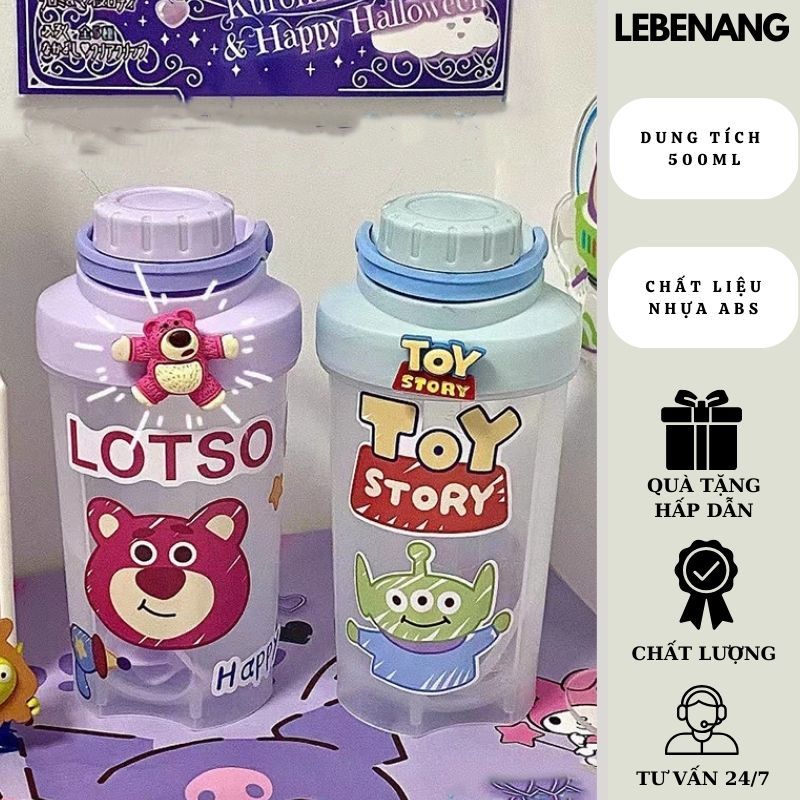 Bình nước cute nắp kín thể thao 500ml kèm sicker nổi hình nhân vật hoạt hình DISNEY dễ thương Lebenang