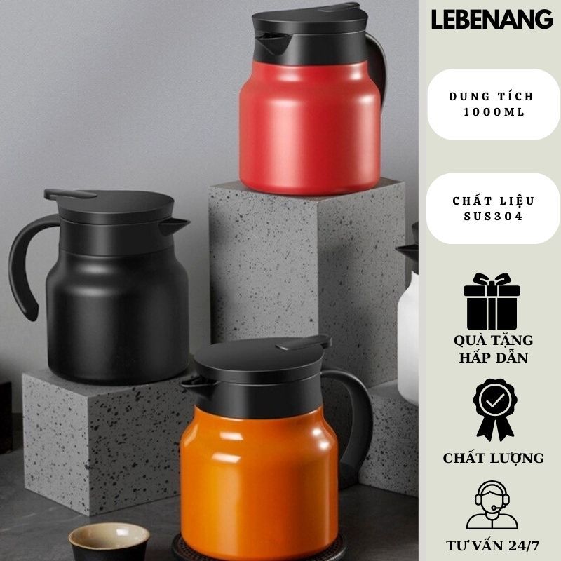 Bình giữ nhiệt inox 304, ấm pha trà 1 lít có lưới lọc trà và tay cầm tròn tiện lợi Lebenang