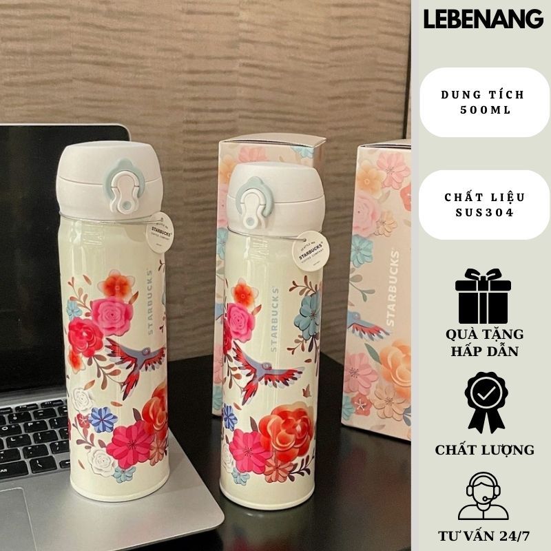 Bình giữ nhiệt Starbucks 500 ml phiên bản hoa lá thiên nhiên, bình nước inox 304 nắp kín nắp chống tràn Lebenang