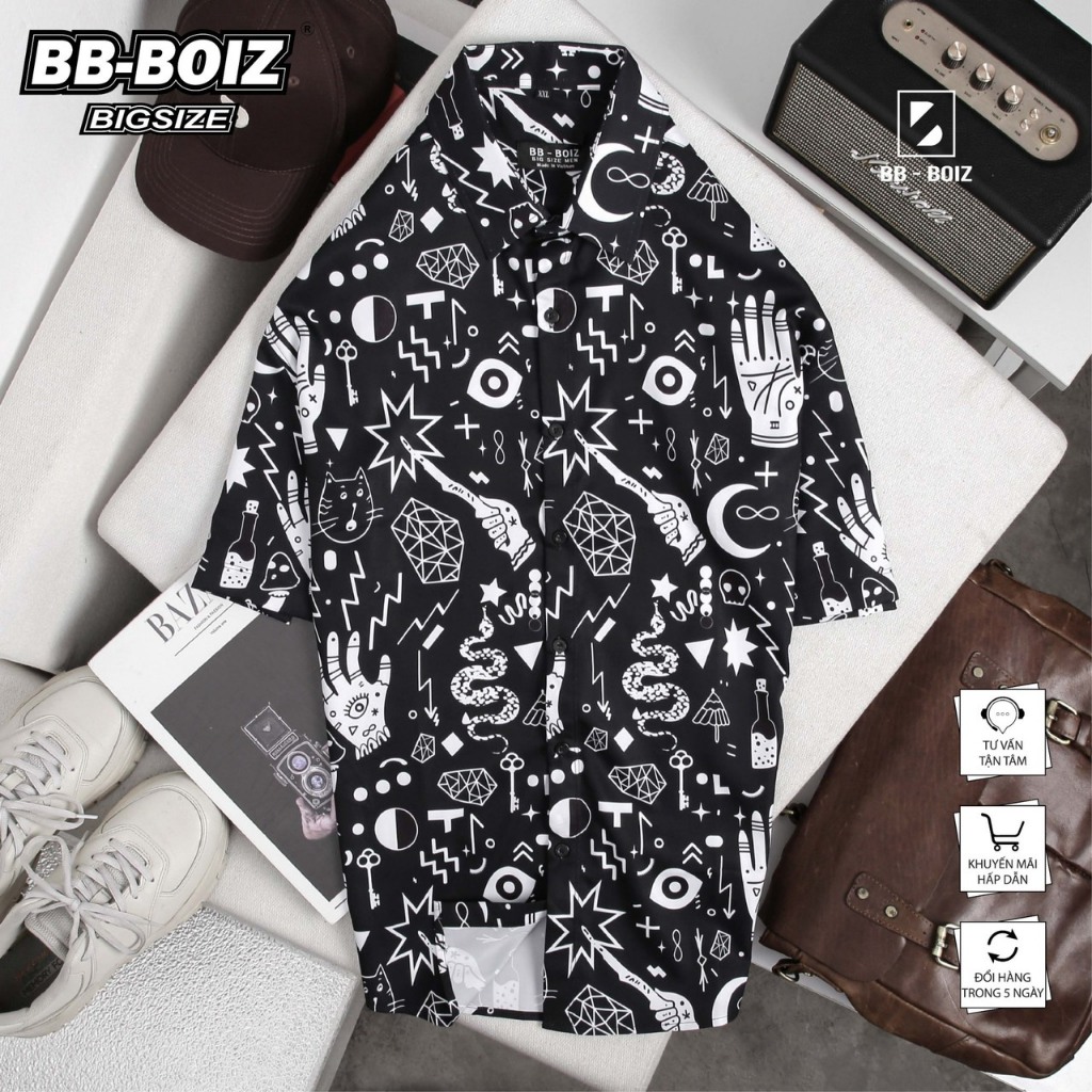 BIGSIZE - Áo sơ mi BB Boiz nam tay ngắn họa tiết size lớn bigsize 80 - 130kg