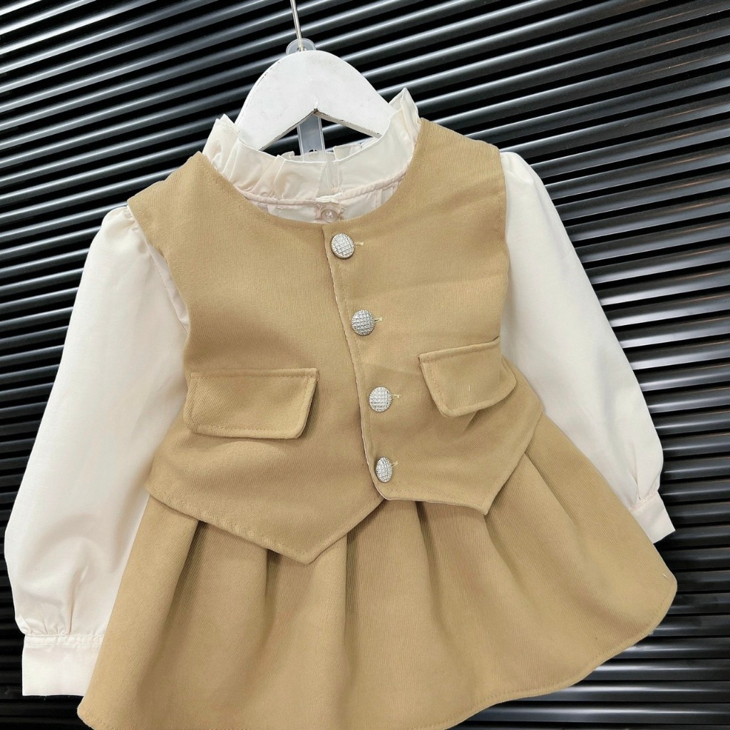 Set Gile Thu Đông 3 Chi Tiết Cho Bé Gái WOWKIDS Chất Dạ Nhung Kèm Váy Xếp Ly Cho Bé Từ 8-28kg