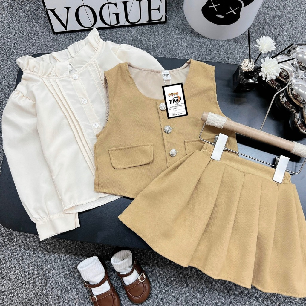 Set Gile Thu Đông 3 Chi Tiết Cho Bé Gái WOWKIDS Chất Dạ Nhung Kèm Váy Xếp Ly Cho Bé Từ 8-28kg