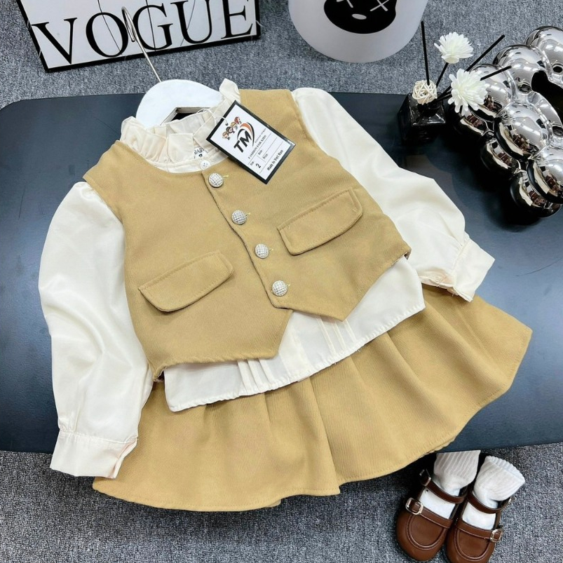 Set Gile Thu Đông 3 Chi Tiết Cho Bé Gái WOWKIDS Chất Dạ Nhung Kèm Váy Xếp Ly Cho Bé Từ 8-28kg