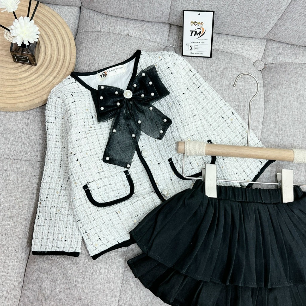 Set Dạ Tweet Phối Nơ Kèm Chân Váy Xếp Ly Cho Bé Gái WOWKIDS Phong Cách Hàn Cho Bé Đi Chơi, Chụp Hình