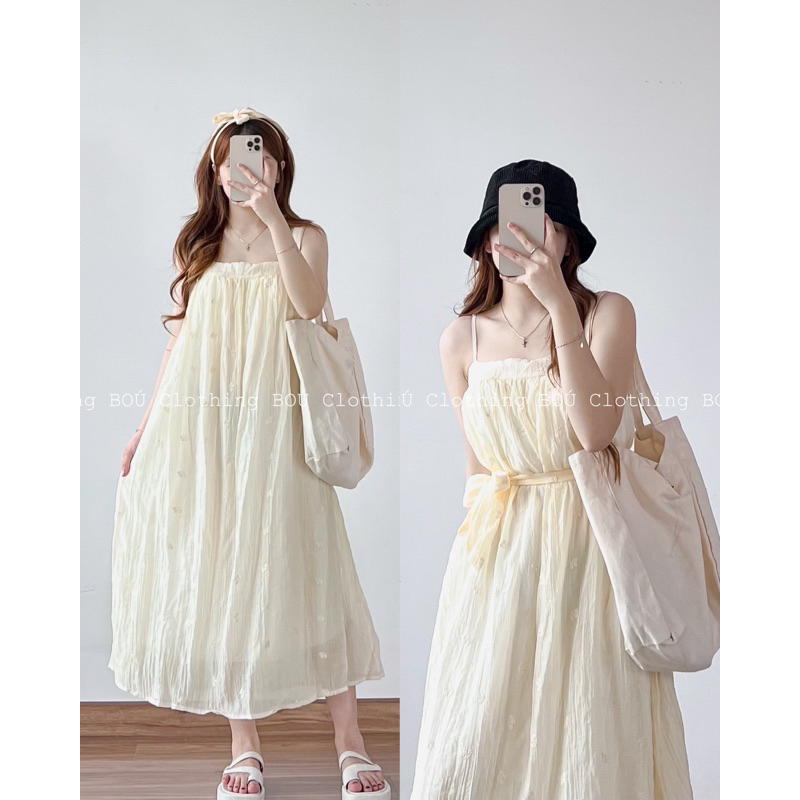 Đầm 2 dây thêu hoa kem phối dây nơ nữ tính BOÚ Clothing (ảnh thật)